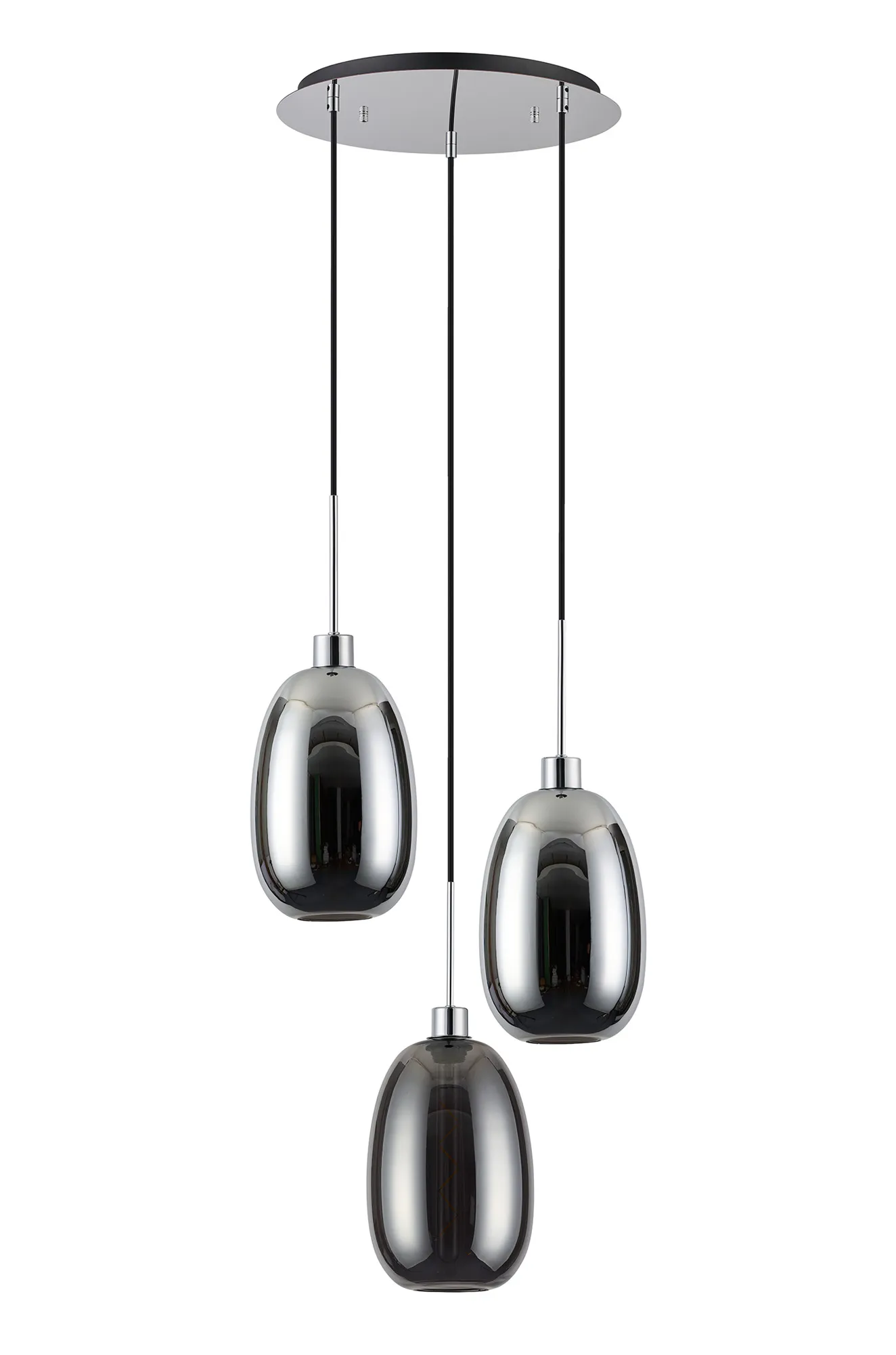 Lori 40cm Round Pendant, 3 Light Adjustable E27, Polished Chrome/Chrome/Smoke Slim Curved Trapezium Shades DK1270  Deco Lori Polished Chrome